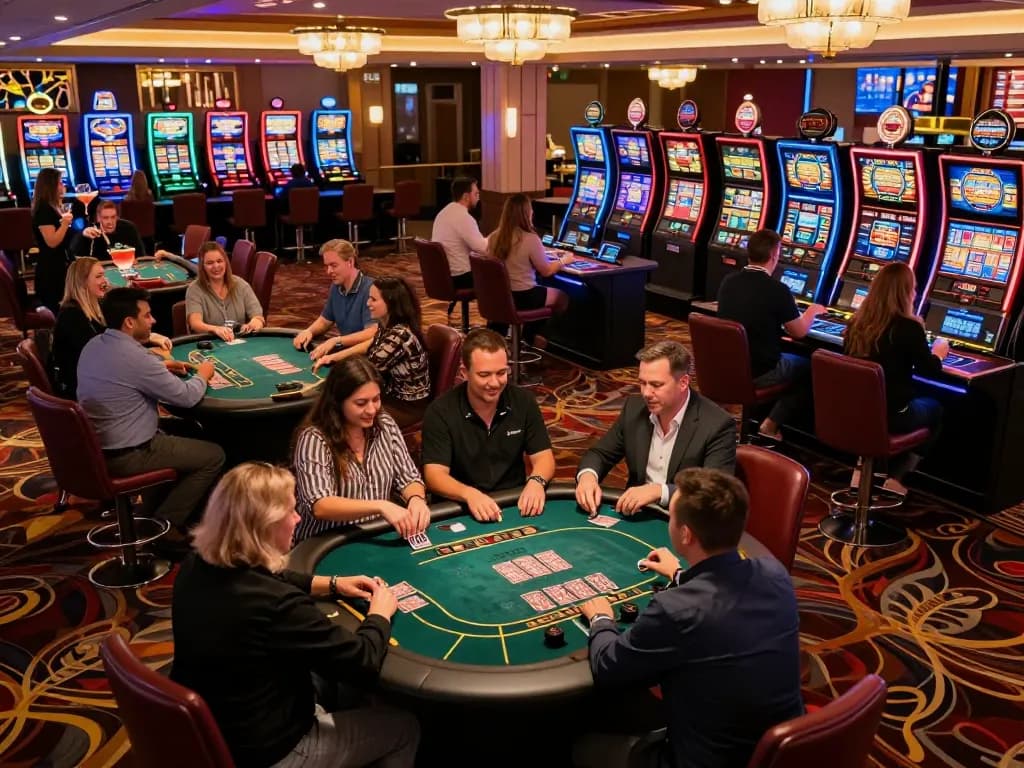 Players enjoy engaging gameplay at KJC casino, surrounded by vibrant slot machines and warm lighting.