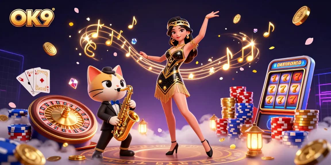 Engage in stunning slots action at OK9 with vibrant characters celebrating wins and cascading rewards.