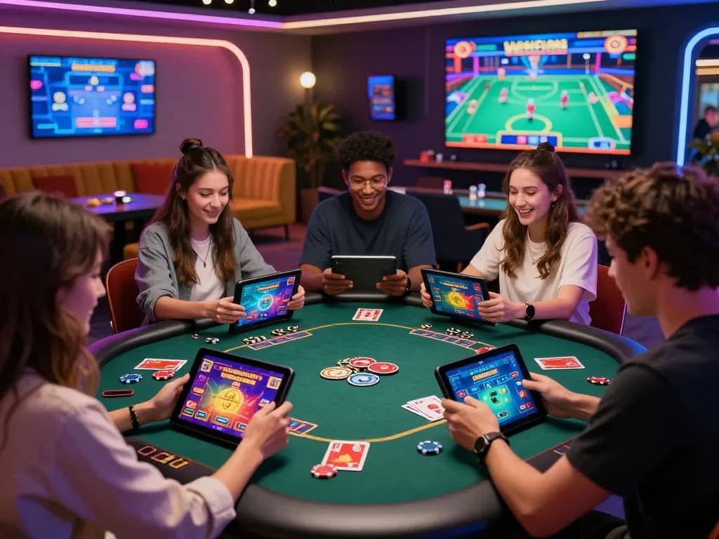 Exciting group of players enjoying iWinclub games in a vibrant online casino atmosphere.