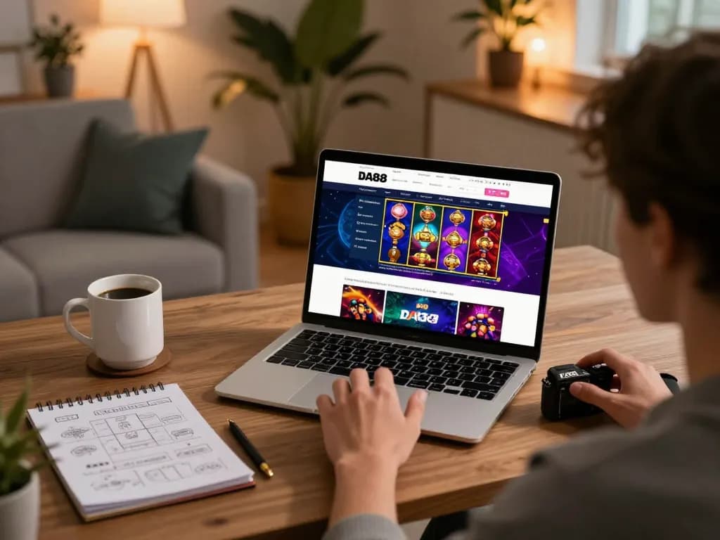 Engage in thrilling online gaming experiences on DA88, showcasing vibrant slot games on a laptop