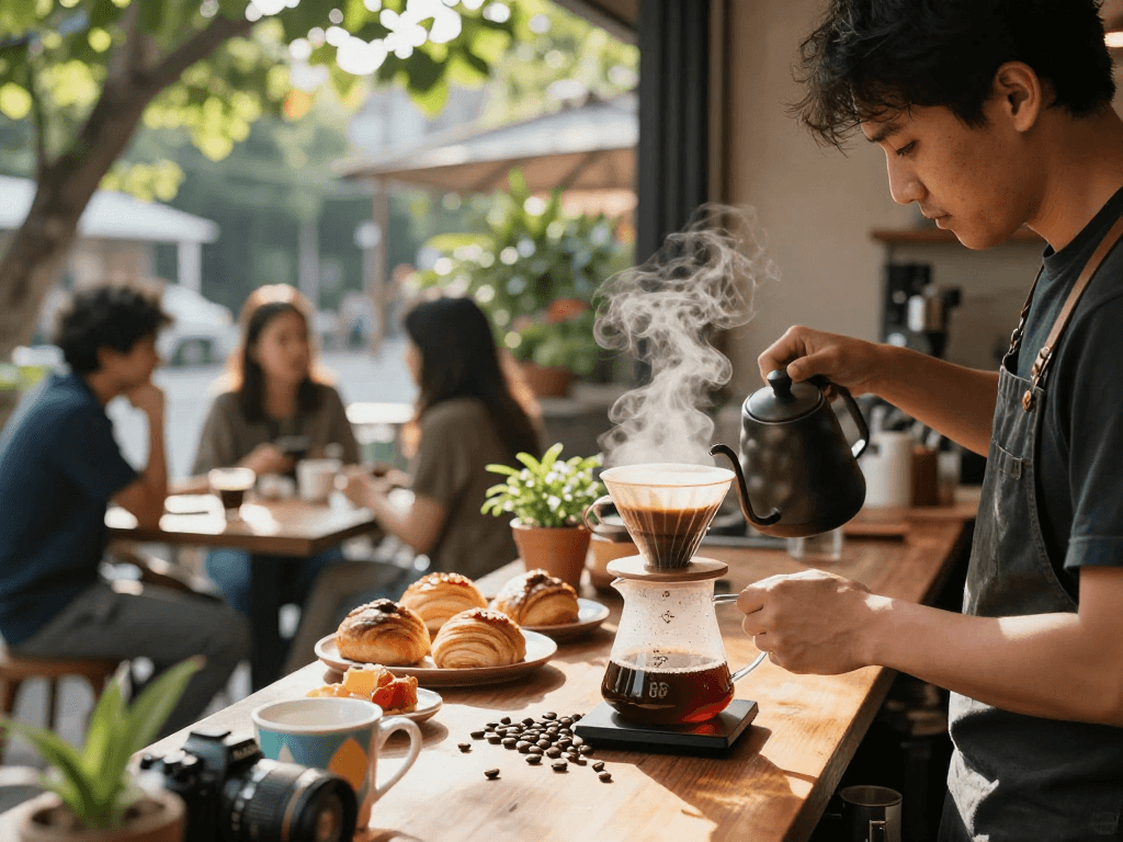 Enjoying rokok 88 coffee at an outdoor shop with inviting atmosphere.