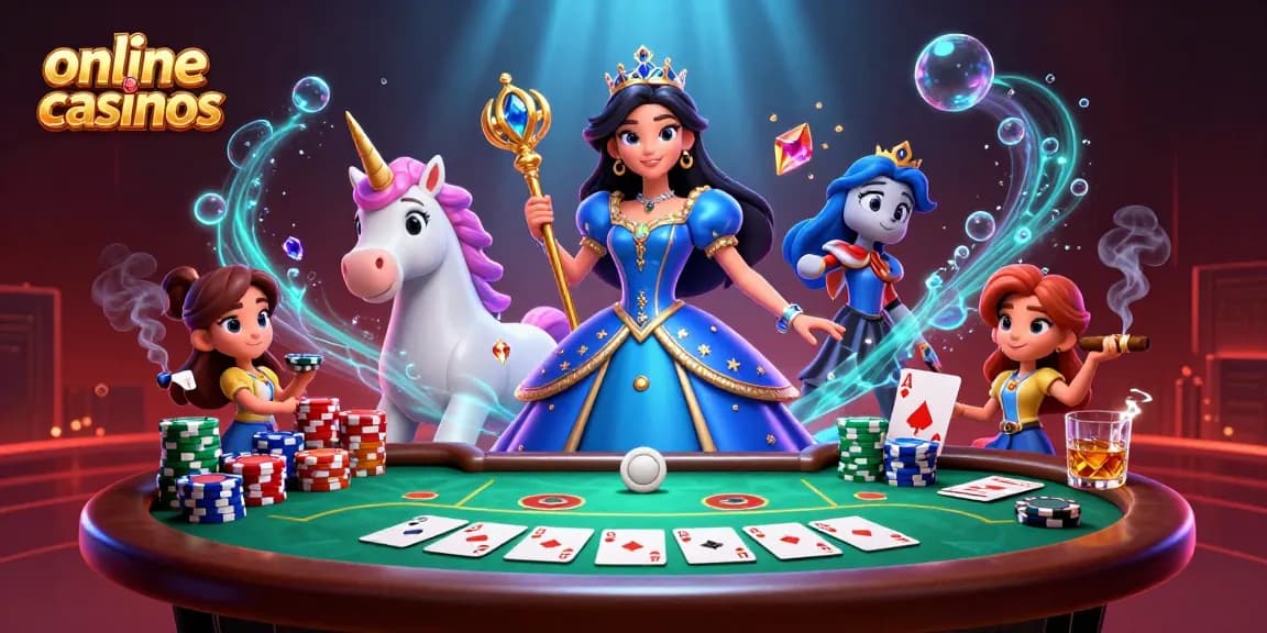 Experience engaging online casinos with vibrant characters amidst poker thrills and elegant designs.