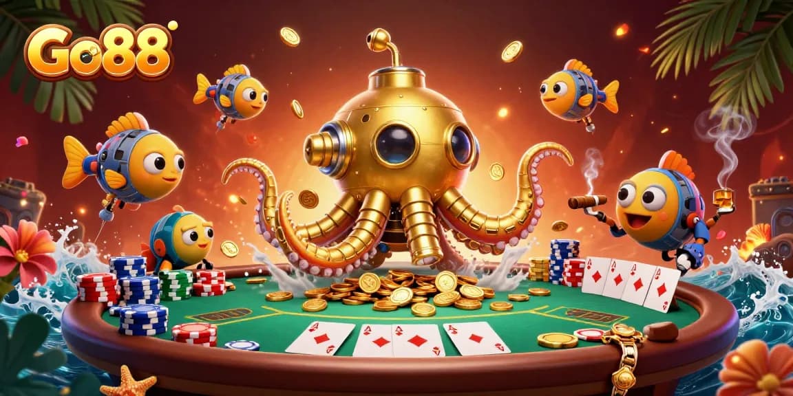 Players enjoy gaming action at Go88, featuring interactive poker scenes and golden submarine treasures.
