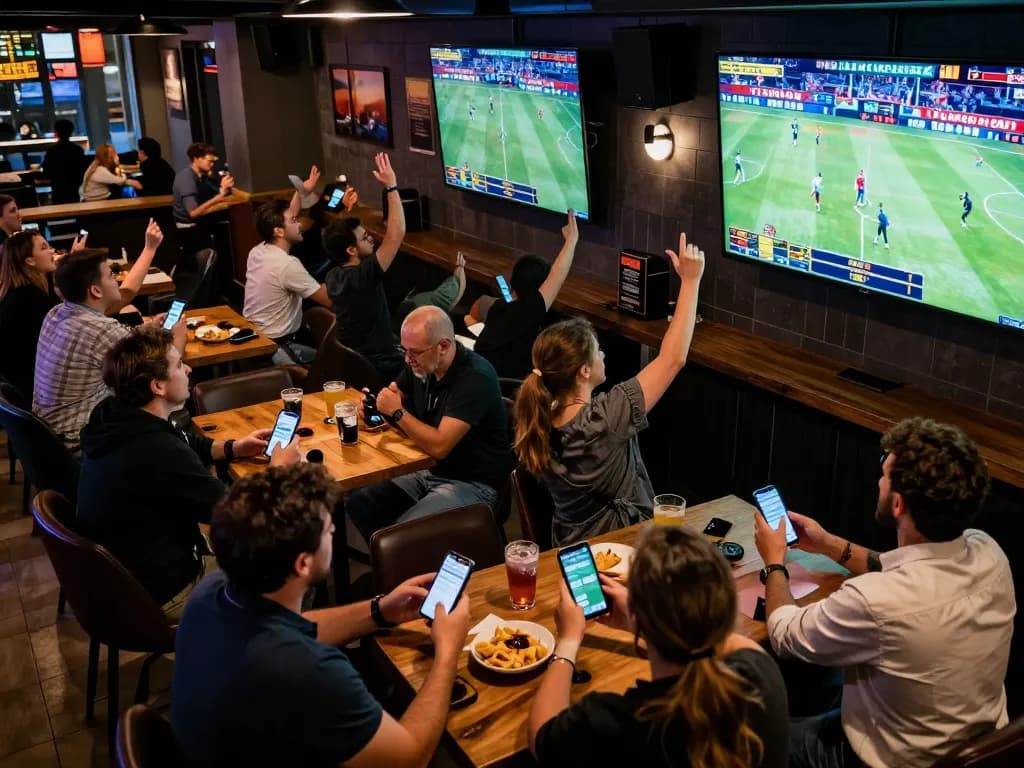 Betting on a live sports event with friends at MAX88, showcasing excitement and mobile wagering.