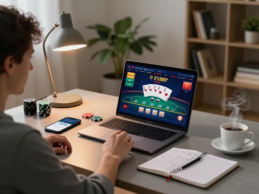 Engaged player using vin888 for online poker with strategy notes and smartphone in a cozy home setting.