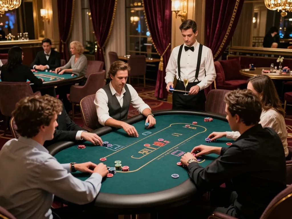 Red 88 poker players compete in an upscale VIP room, showcasing luxury gaming experience.