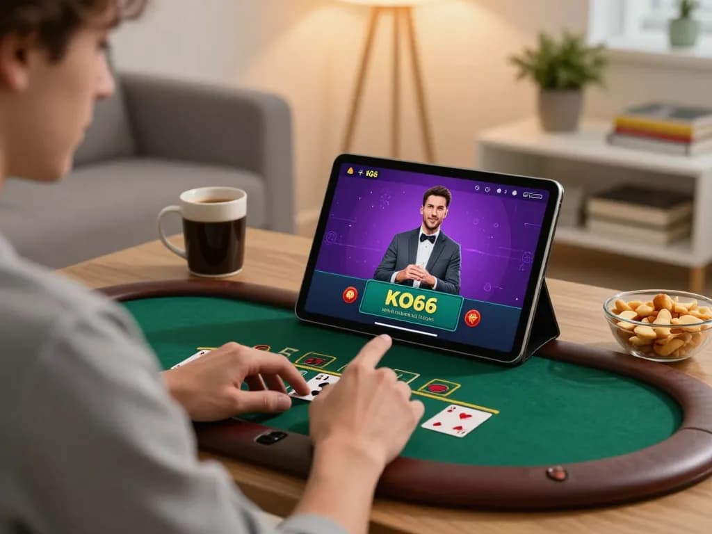 Người chơi tương tác với ứng dụng KO66 trong trò chơi blackjack với người chia bài trực tiếp tại nhà thoải mái