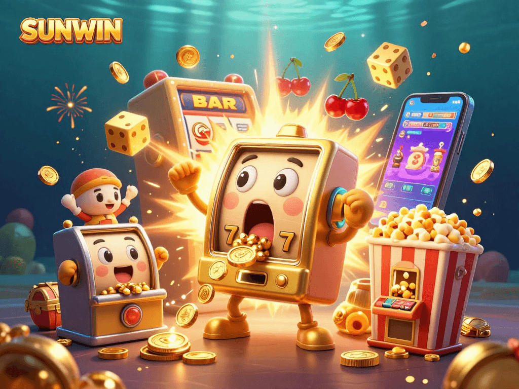 SUNWIN features a dynamic jackpot scene with a golden slot machine celebrating its win among cheering smaller machines.