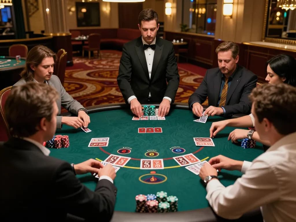 Engaging blackjack table scene at upscale casino, showcasing game strategy, and action at https://va88.moe/