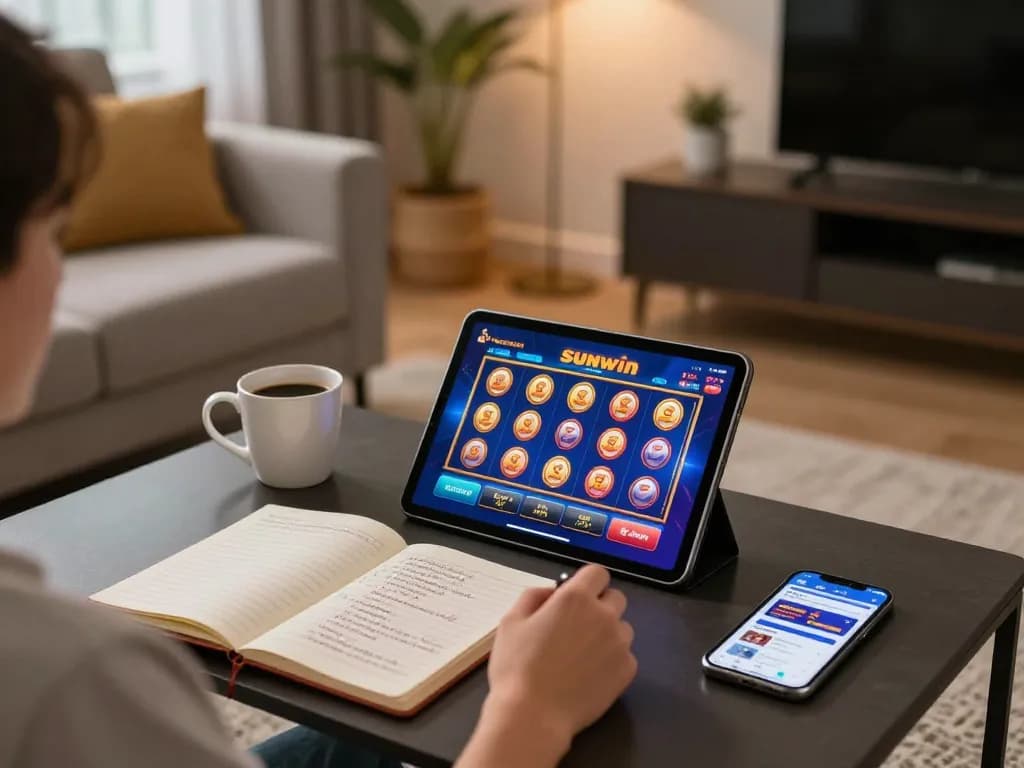 Engaged player enjoying Sunwin's online casino games in a cozy home setting.
