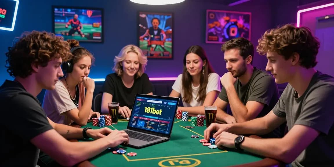 Friends enjoying an online betting experience with 181bet on a laptop in a colorful gaming setup.