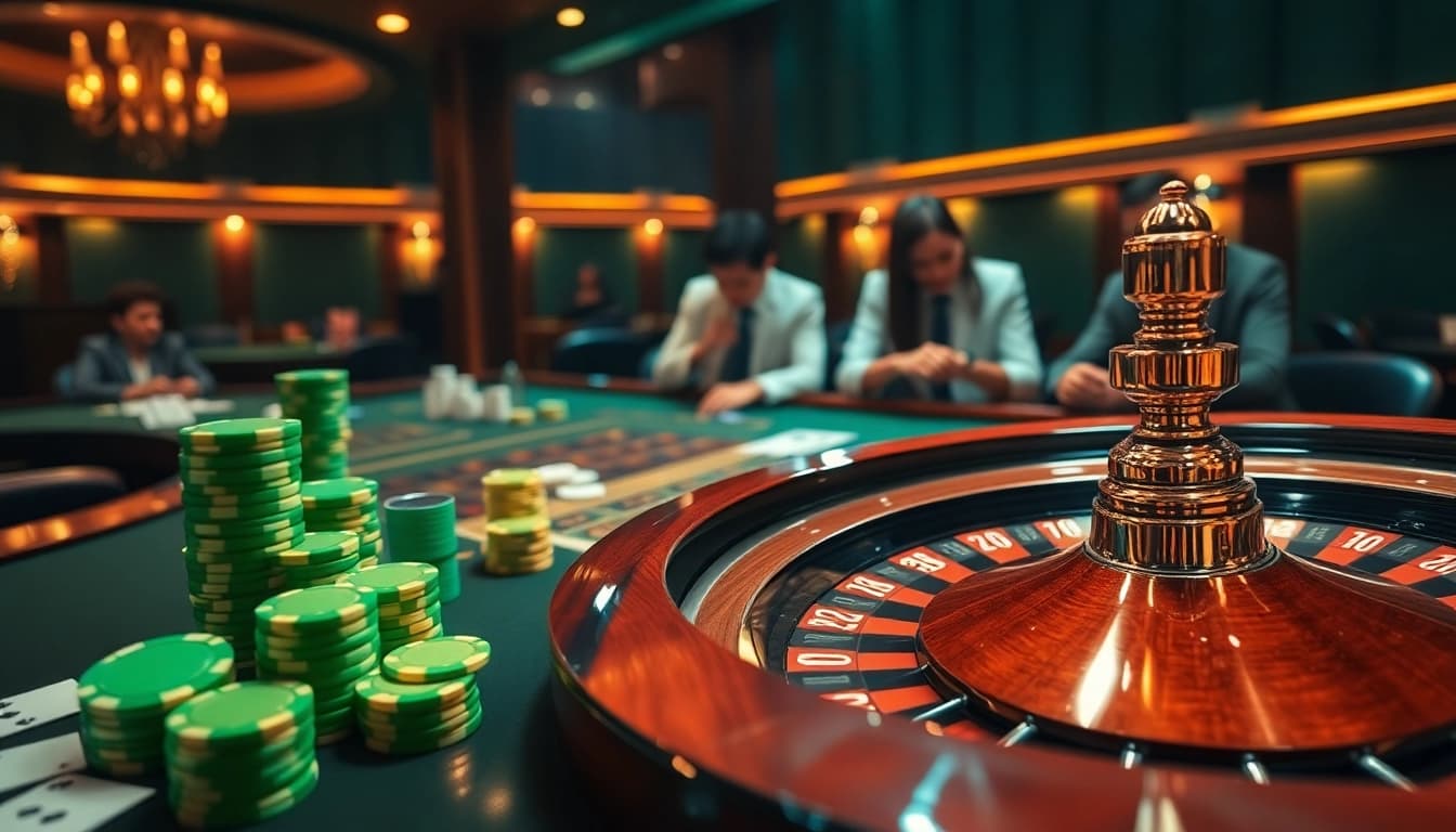 Exciting gaming scene at SKY88 COM showcasing poker chips, roulette, and online betting interface.