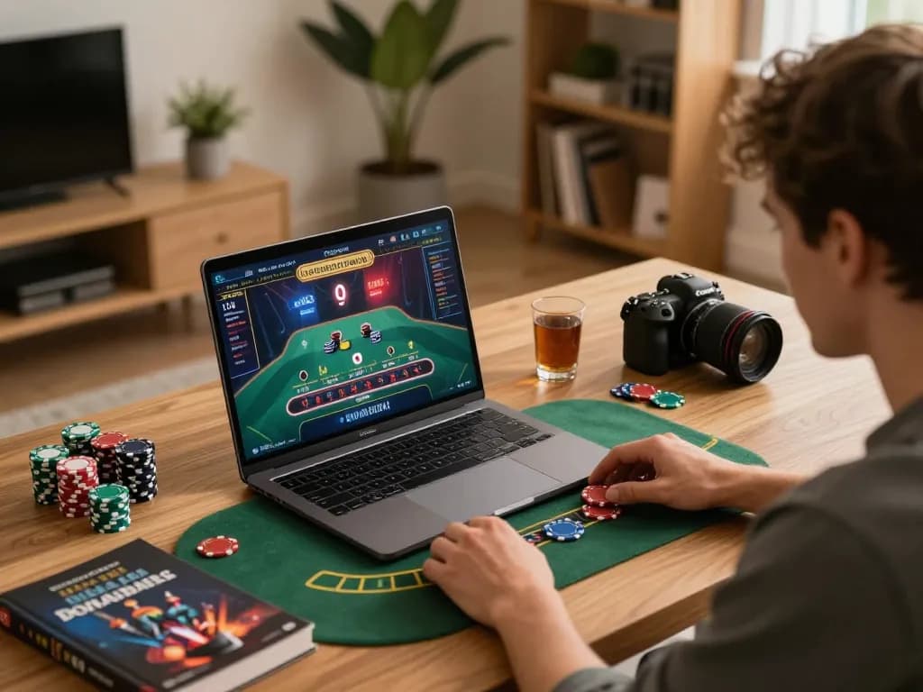 IWIN player enjoying live dealer blackjack in a modern home setting, showcasing strategic gameplay.
