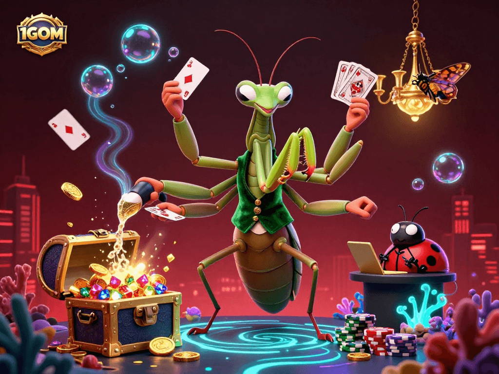 Engage in thrilling casino action with 1GOM’s vibrant 3D illustration of card games and more.