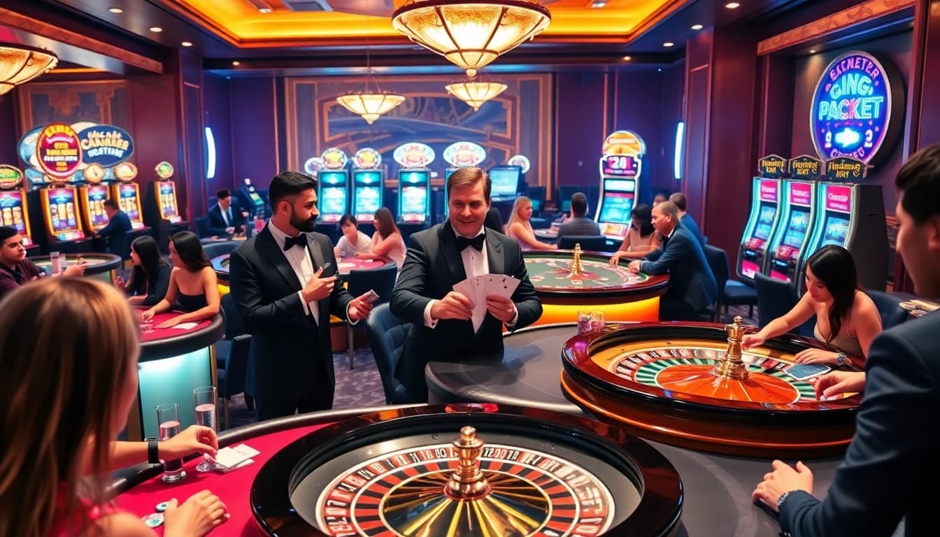 Experience the thrilling atmosphere of gambling at https://fabet3.com/, showcasing dynamic gaming tables, vibrant slot machines, and an elegant dealer.