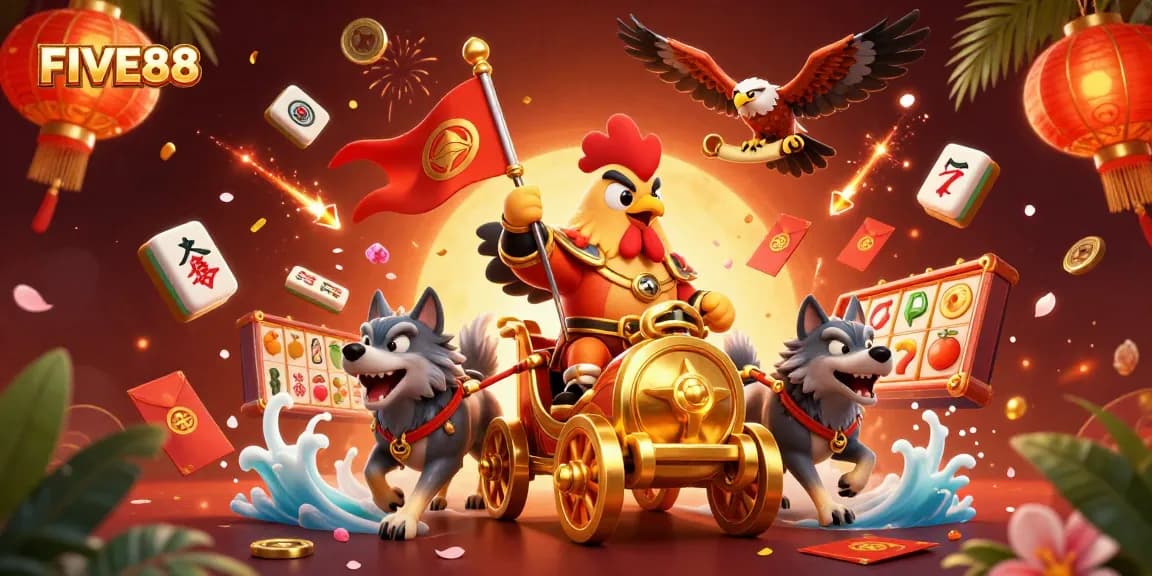 Experience the thrill of FIVE88 with a vibrant 3D illustration showcasing casino elements and an epic rooster warlord.