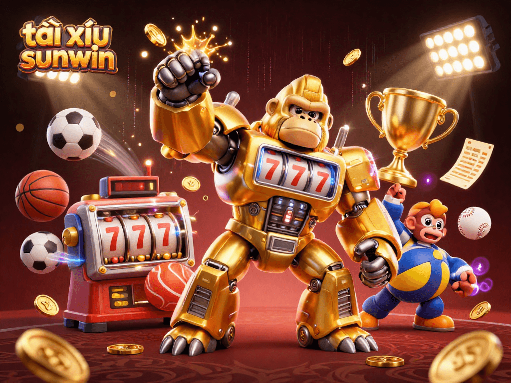Experience thrilling action with tài xỉu sunwin through a dynamic scene featuring a golden gorilla mech and flying sports elements.