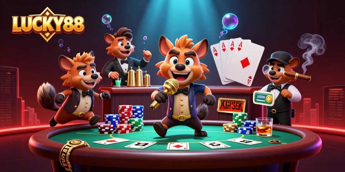 Join the fun at LUCKY88's vibrant casino club with hyenas enjoying poker and comedy!