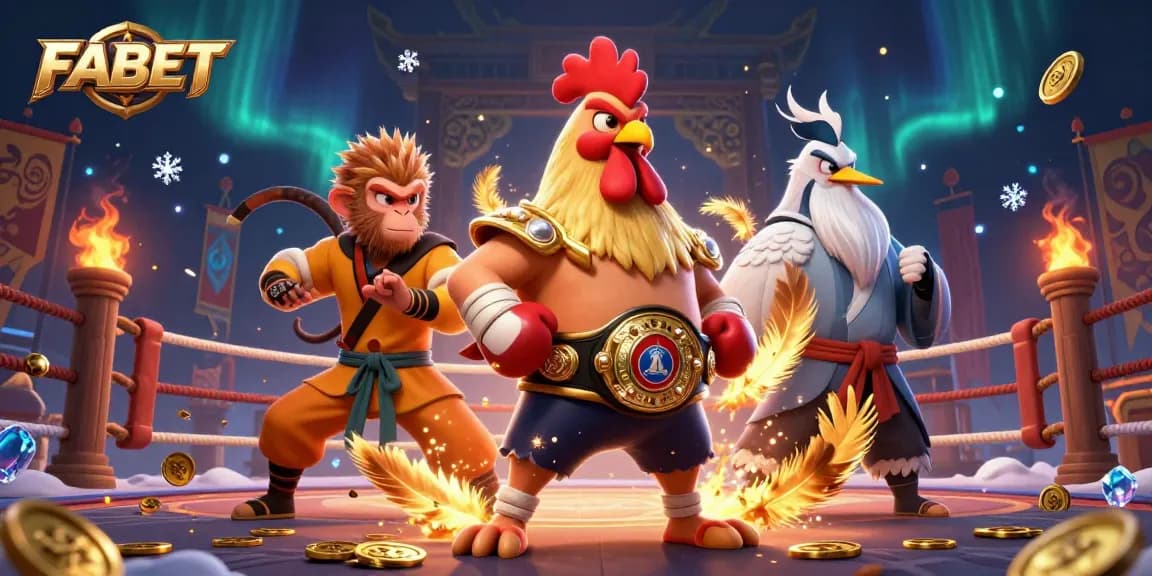 FABET showcases a fighting scene featuring a Muay Thai rooster and Shaolin monkey in a vibrant casino setting.