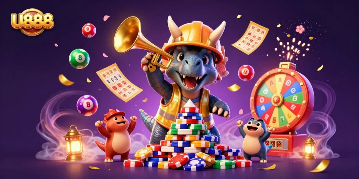 U888 delivers dynamic casino excitement as a triceratops builds poker chip pyramids in a festive celebration.