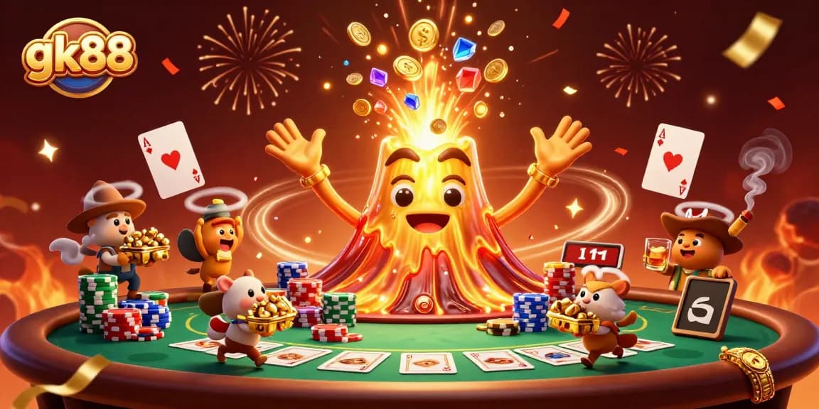 Experience the thrilling adventures of gk88 with a golden volcano erupting coins and treasure.