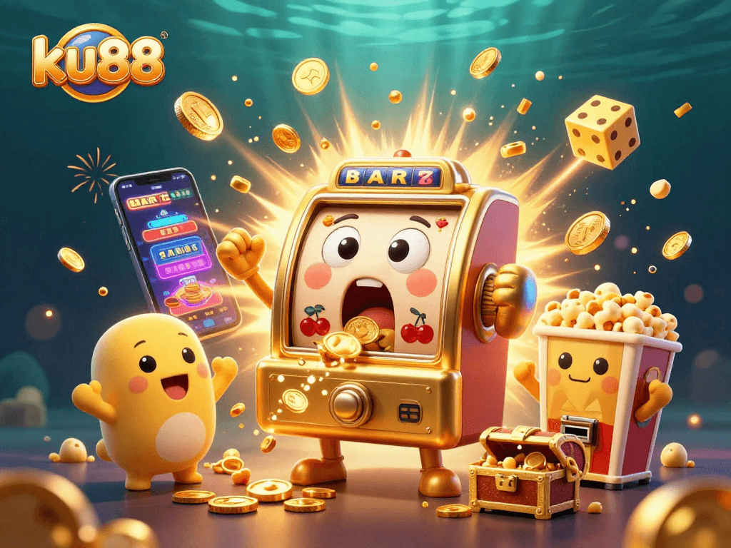 ku88 celebrates a jackpot win with an exuberant golden slot machine surrounded by cheering companions.