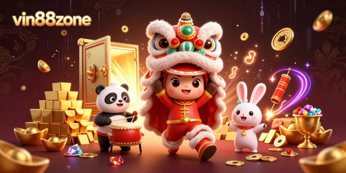 Engage with the excitement of vin88zone featuring a lion dance, drumming panda, and gold treasures.