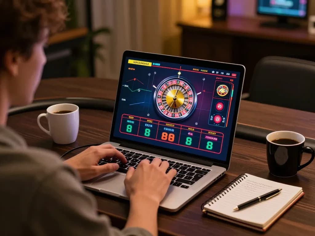 Engaging in online gaming at home while navigating Link nhà cái Vin88 through a laptop for a thrilling gambling experience.
