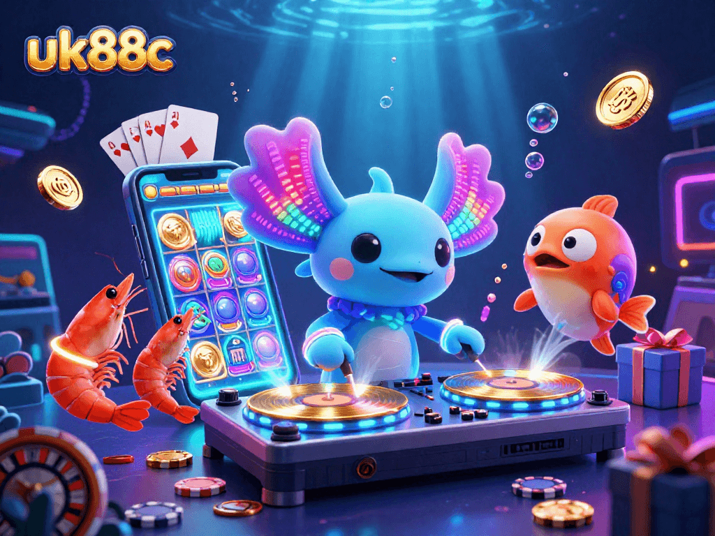 uk88c vibrant underwater casino scene with an axolotl DJ and lively shrimp crew.