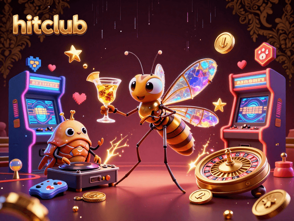 hitclub showcases a vibrant casino scene with a frozen mosquito mascot, trilobite DJ, and golden roulette wheel in action.