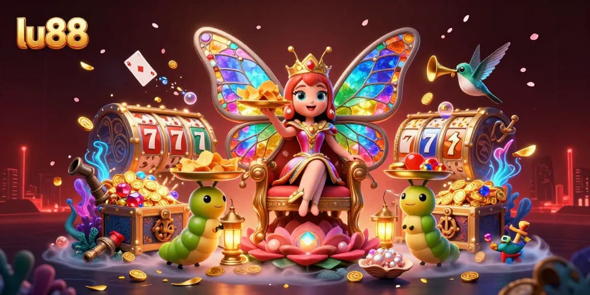 Play at lu88 with vibrant butterflies, golden chips, and stunning slot symbols in a whimsical casino scene.