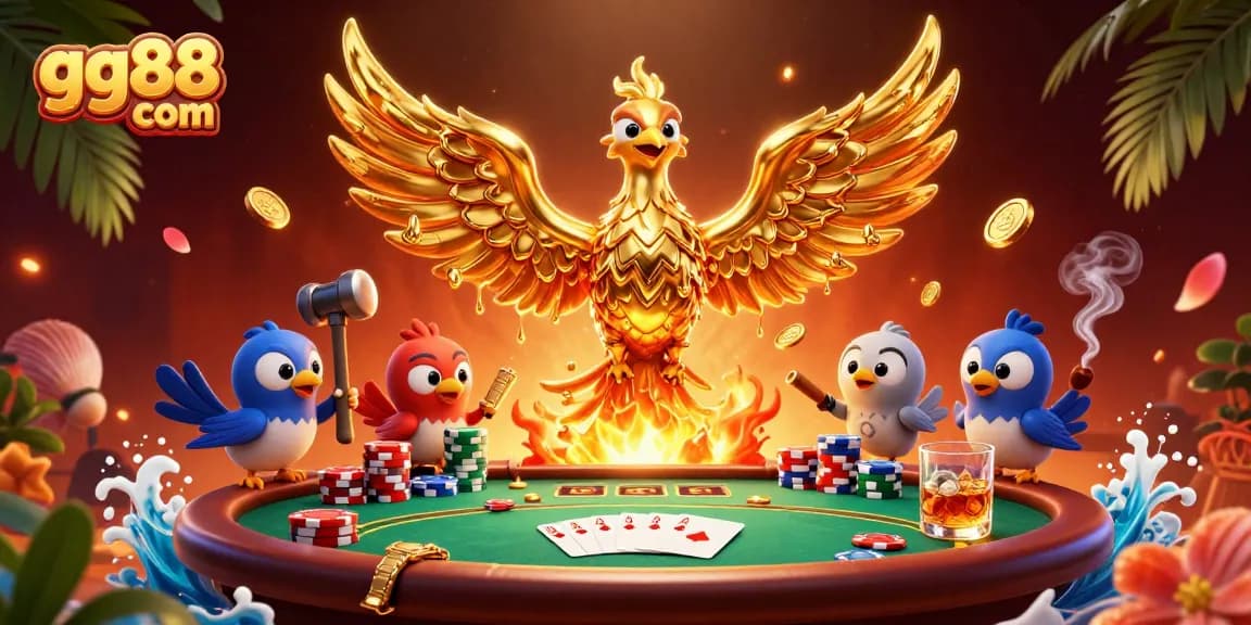 Experience the excitement of casino gaming with gg88 com's vibrant rich atmosphere featuring golden phoenix and poker elements.