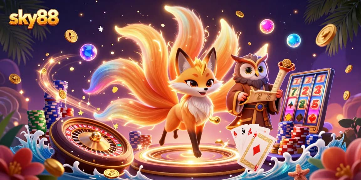 Engage with sky88 in an ultra-detailed 3D casino illustration of a fox spirit and wise owl.