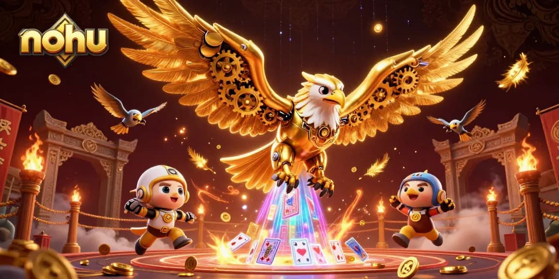 Nohu showcases a dynamic battle scene with a cybernetic eagle soaring amidst betting tokens.