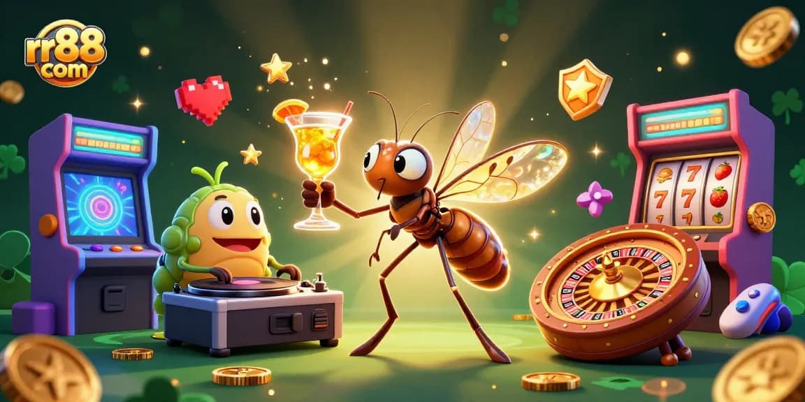 Win big at rr88 com with our vibrant casino-themed illustration featuring a unique mosquito mascot.