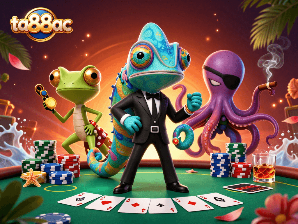 Engage with ta88ac in a vibrant 3D illustration featuring poker action and colorful characters.