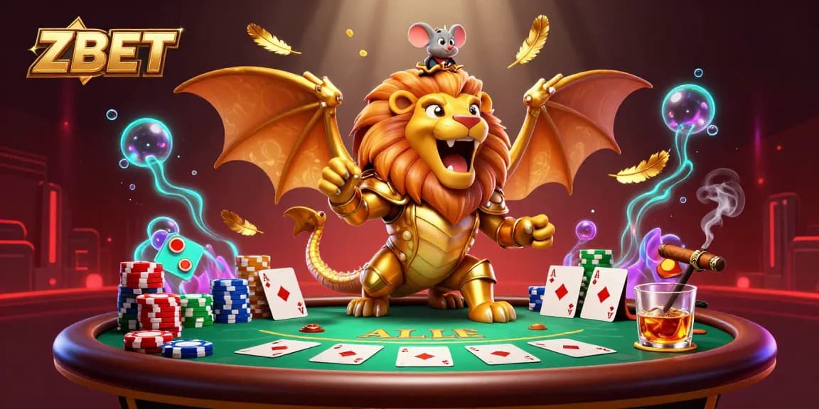 ZBET offers exciting gameplay with a roaring chimera and poker elements in a vibrant casino-themed illustration.