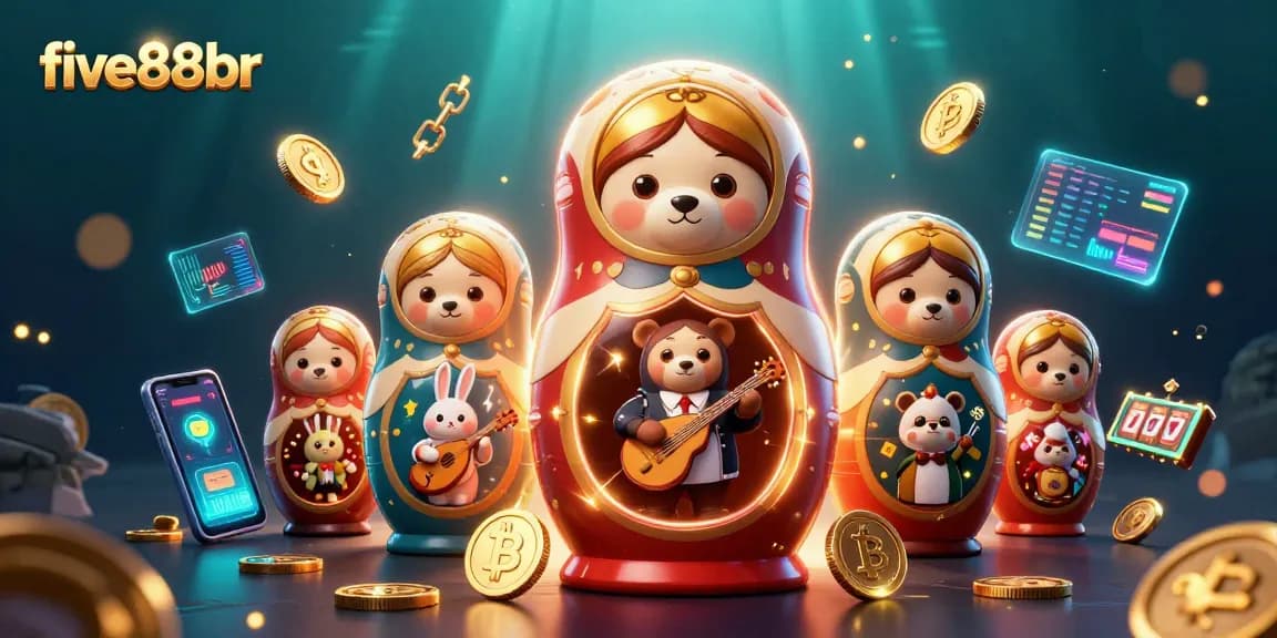 Engage in thrilling slots with five88br amidst vibrant cartoon bears, showcasing crypto elements.
