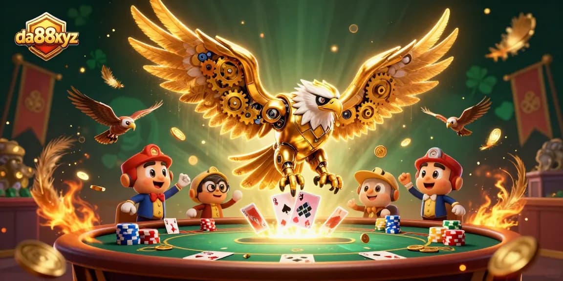 Engage with da88xyz as a stunning cybernetic eagle dives through a dynamic poker scene.
