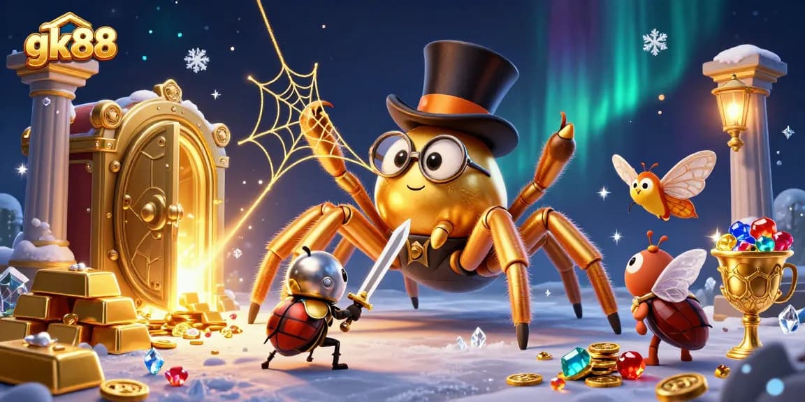 gk88 showcases a golden tarantula and beetle knight amidst dazzling casino treasures