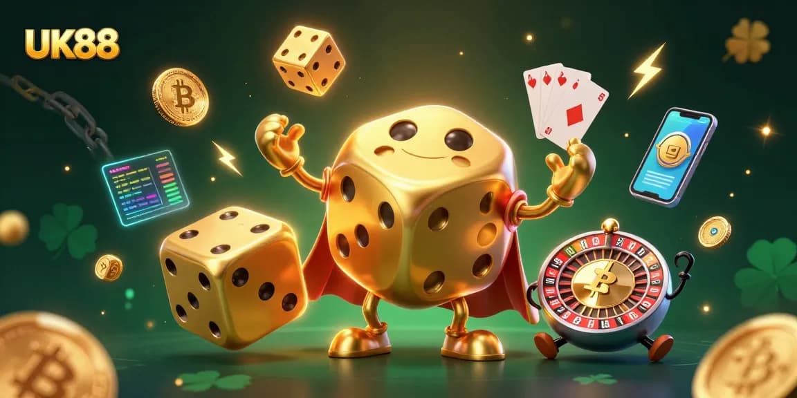 Engage with UK88's dynamic 3D casino scene featuring animated golden dice and crypto elements.