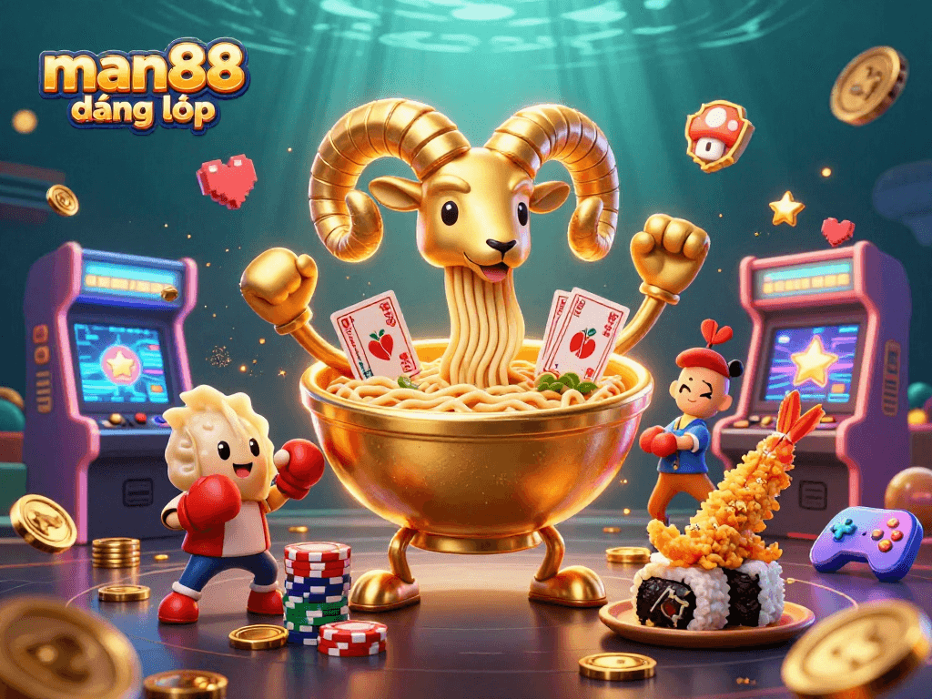 Bet on the colorful 3D casino experience with man88 đăng nhập as the ramen bowl character deals cards.