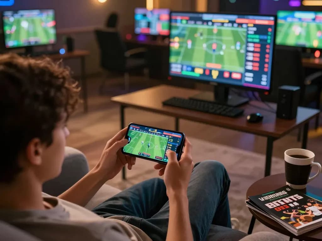 Experience thrilling action at Link nhà cái Say88 while placing sports bets on a smartphone in a cozy setting.