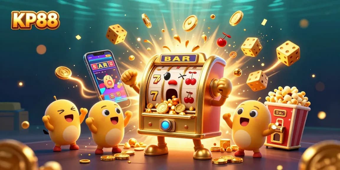 Experience the thrill of KP88 as winning golden coins rain from a cartoon slot machine amidst a vibrant casino scene.