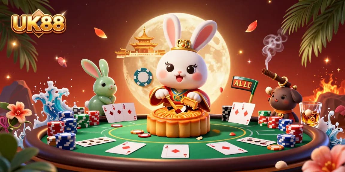 Play poker and win with UK88 in this vibrant, detailed casino-themed illustration.