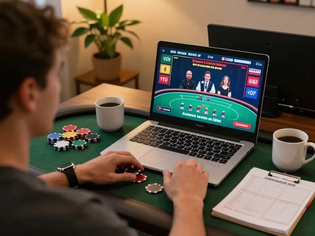 rik88 player strategizing bankroll management during an online poker session at home