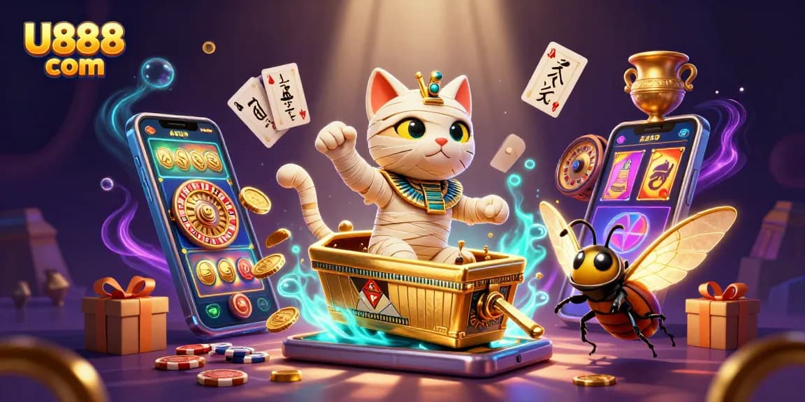 Engage with U888 com's exciting slot games featuring a 3D mummy and scarab in a vibrant casino scene.