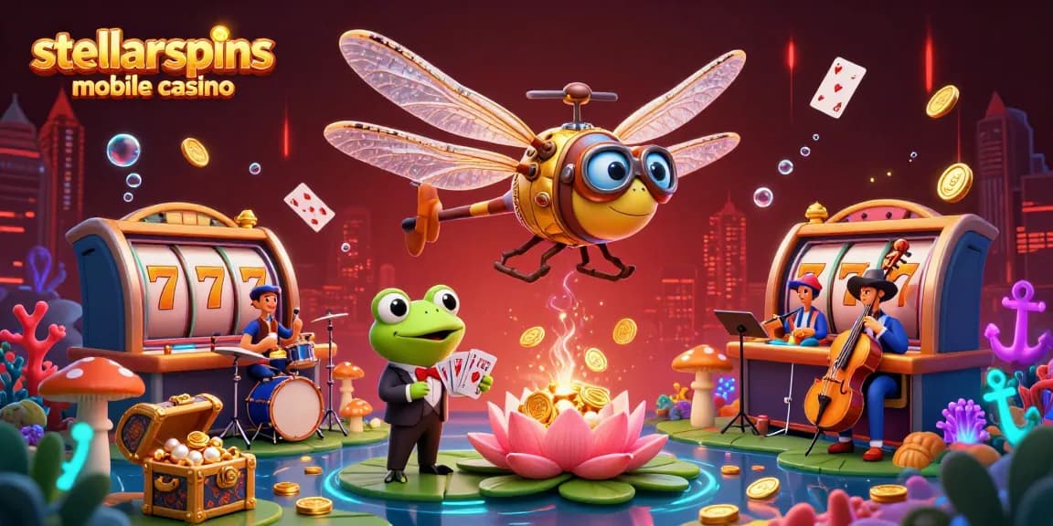 Experience the vibrant world of stellarspins mobile casino with jazz-playing crickets and a dragonfly pilot in a dazzling underwater scene.