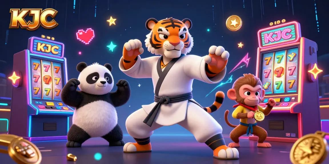 KJC slots come to life with a kung fu tiger, panda, and monkey amid vibrant casino elements.