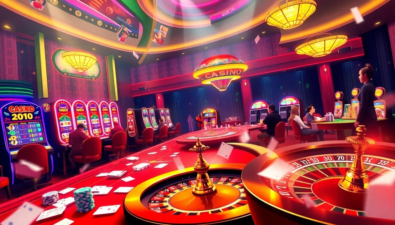 Experience excitement at https://ku88m.com/ with vibrant casino gameplay showcasing poker tables and slot machines.